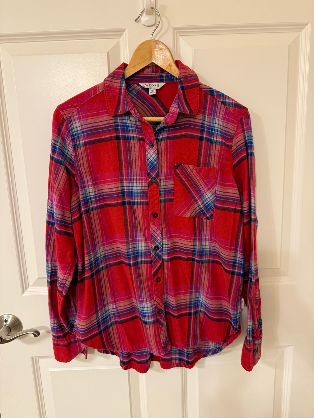 Orvis Red Blue Flannel Button Up Shirt Women's Small EUC Pocket Logo Soft